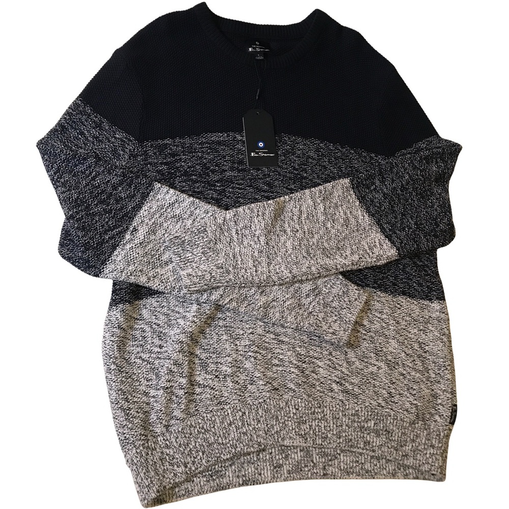 Ben Sherman Knit Ling Sleeve Sweater Navy Gray Size L